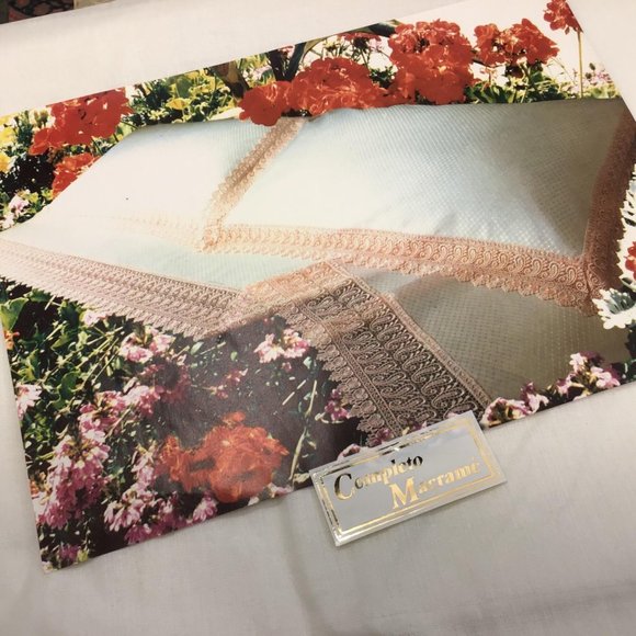 Vtg Italian Linen Sheet Set Cream Lace Overlay Coverlet 106×118″ - Picture 2 of 8